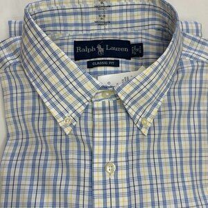 Ralph Lauren Men Classic Fit Blue/White/Yellow Plaid Button Down Shirt,16, 32-33